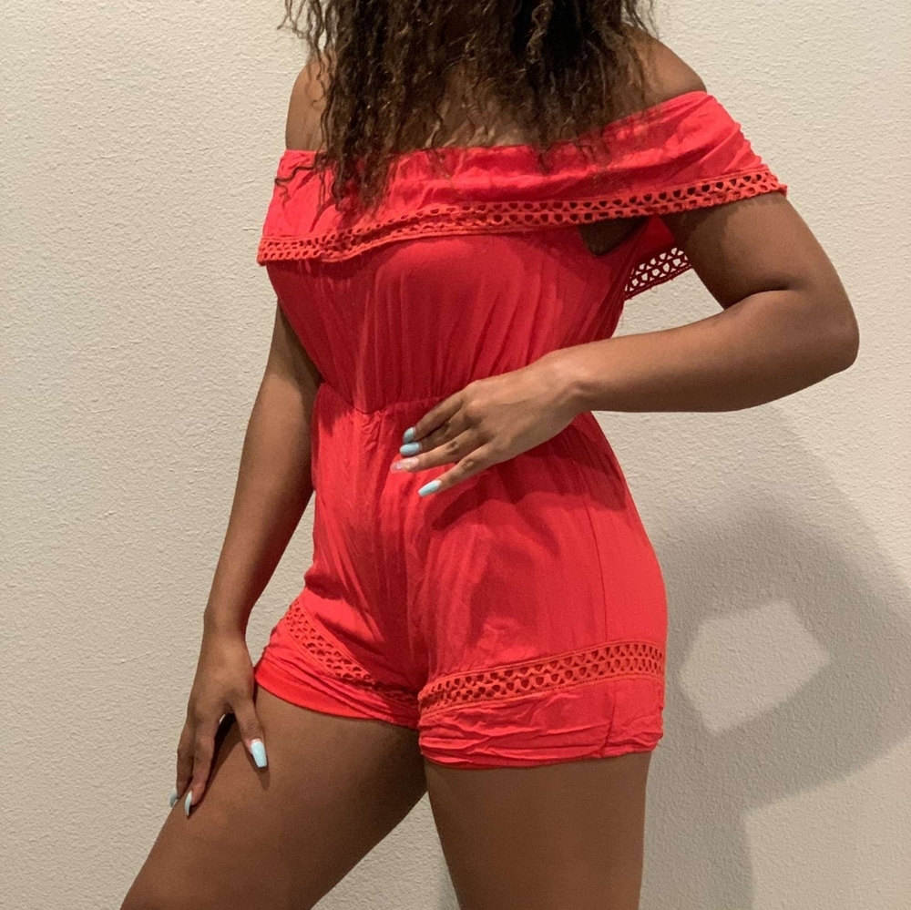 CALS RED ROMPER OFF THE SHOULDER!
